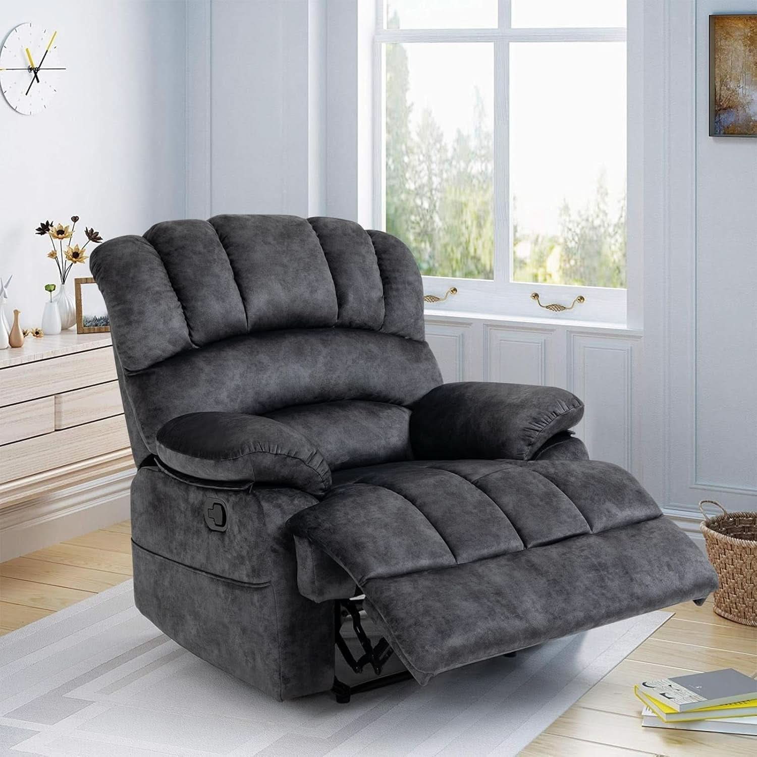 Grey Fabric Recliner Chair With Overstuffed Cushions