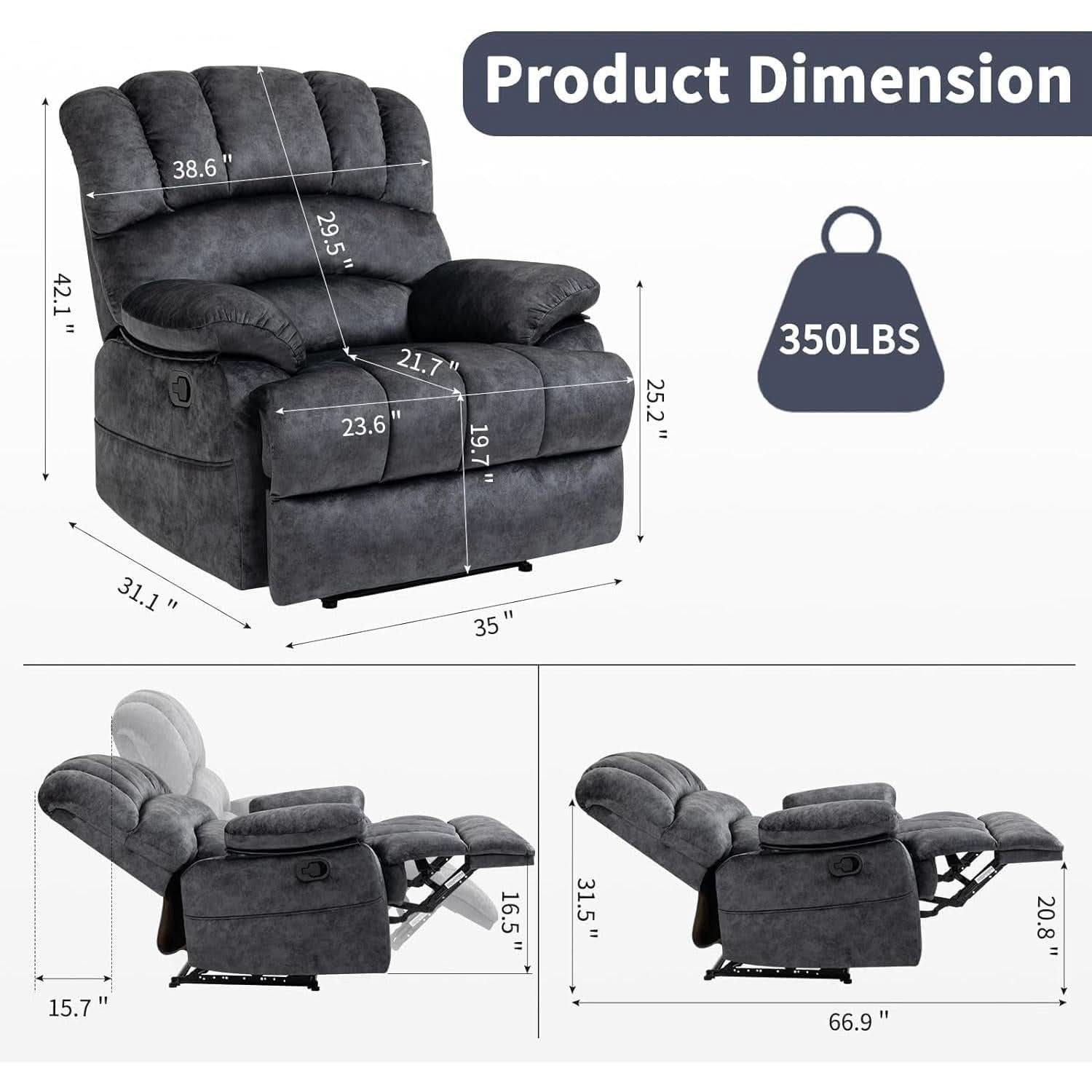 Grey Fabric Recliner Chair With Overstuffed Cushions