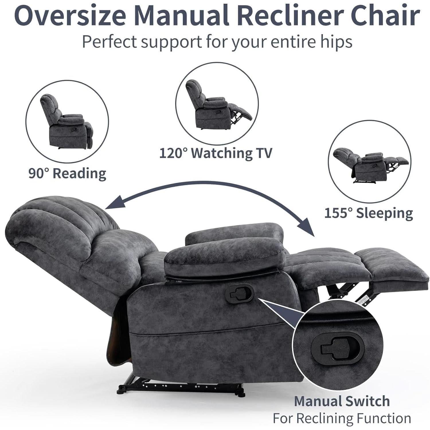 Grey Fabric Recliner Chair With Overstuffed Cushions