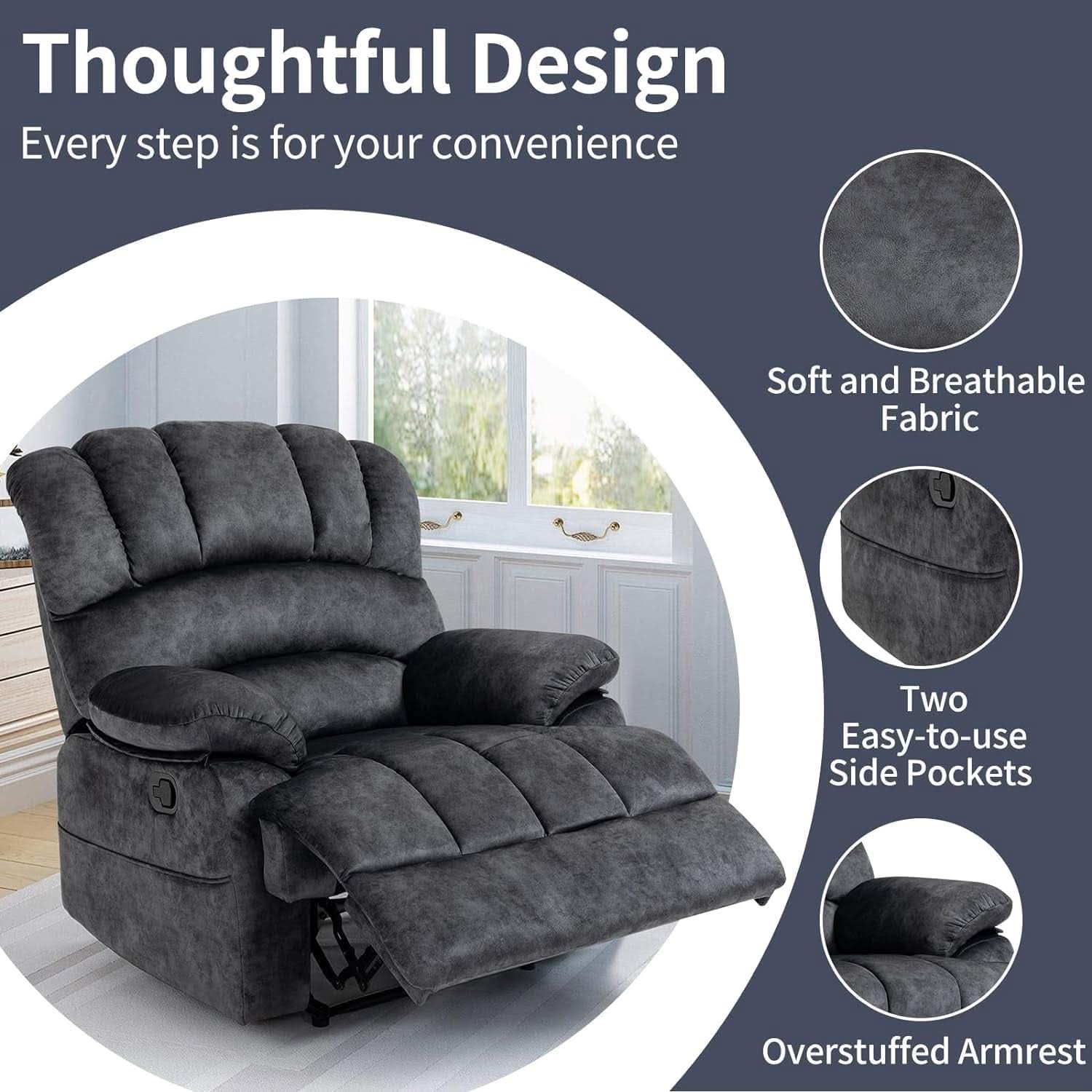 Grey Fabric Recliner Chair With Overstuffed Cushions