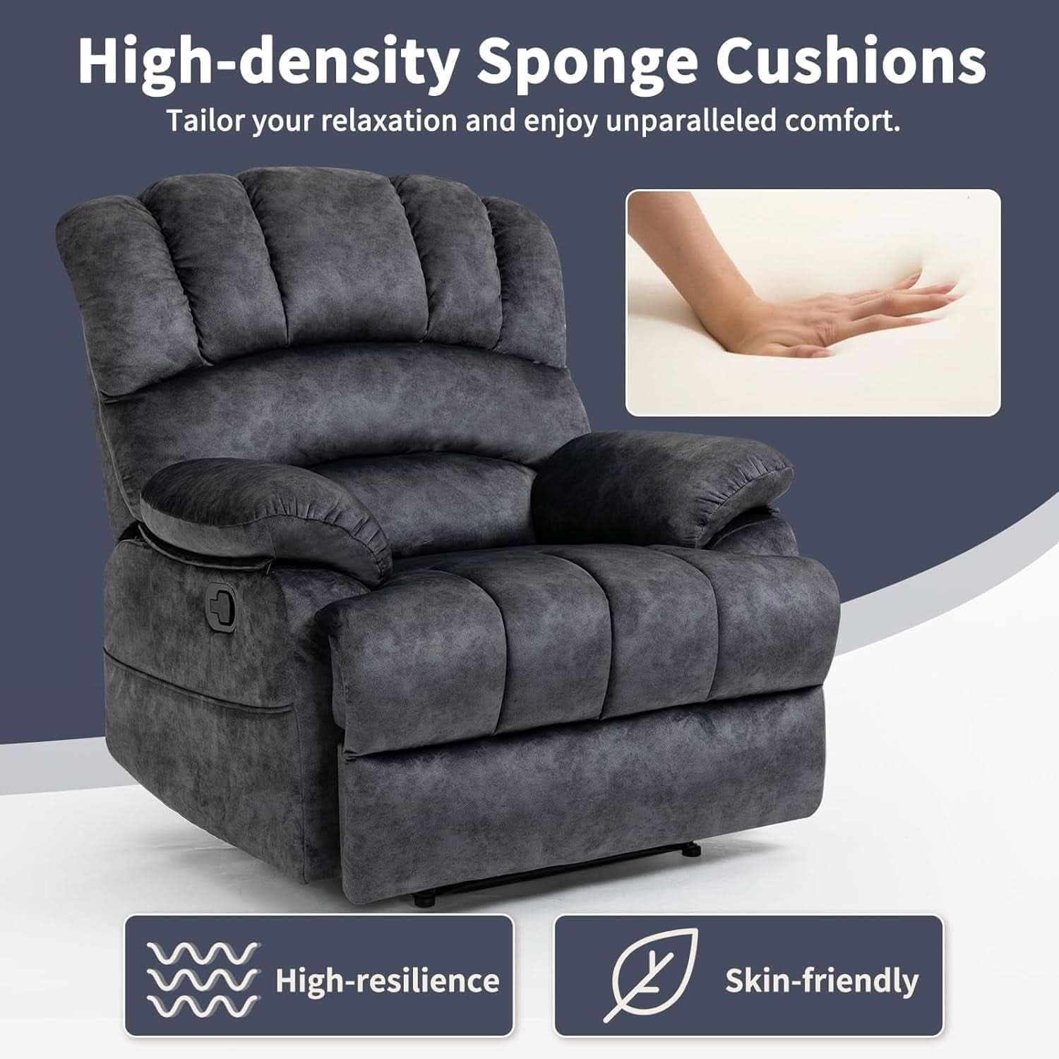 Grey Fabric Recliner Chair With Overstuffed Cushions