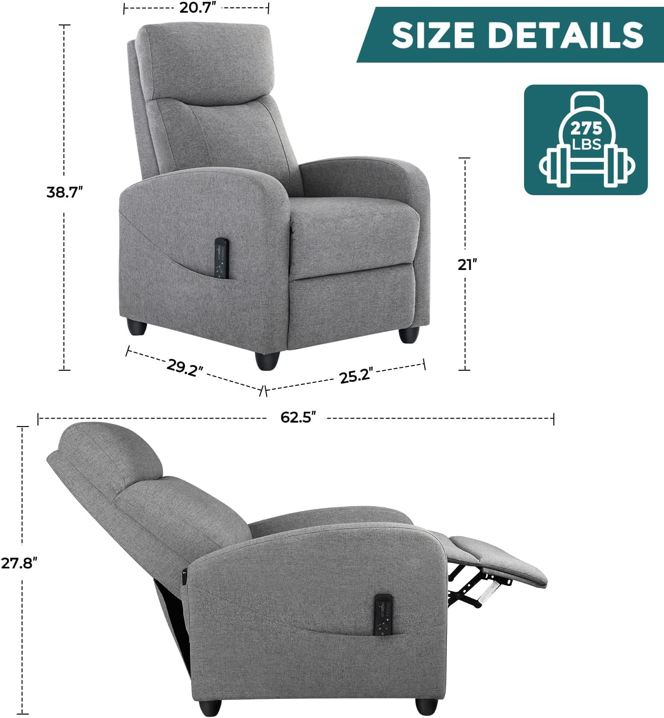 Grey Fabric Recliner Massage Chair With Adjustable Backrest