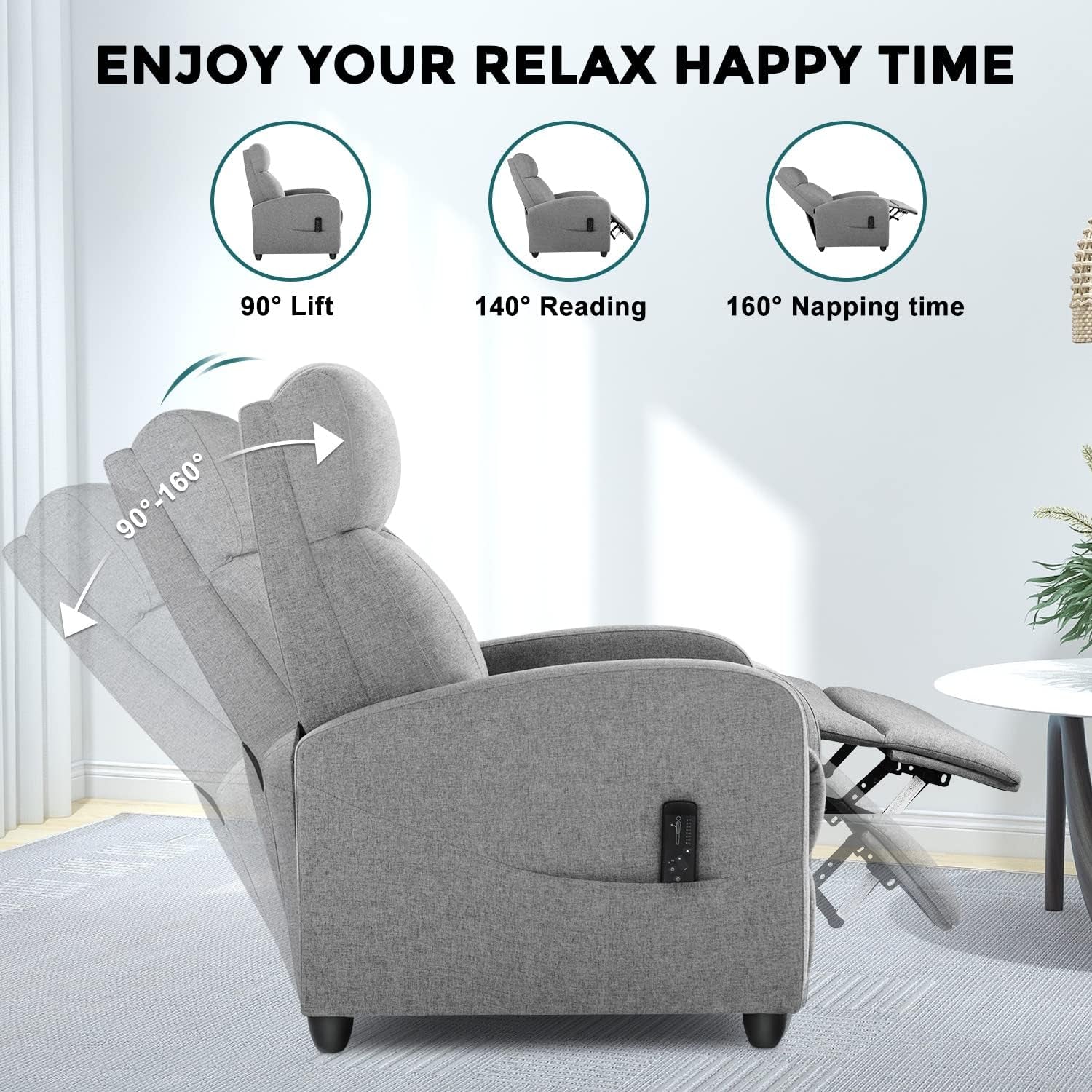 Grey Fabric Recliner Massage Chair With Adjustable Backrest