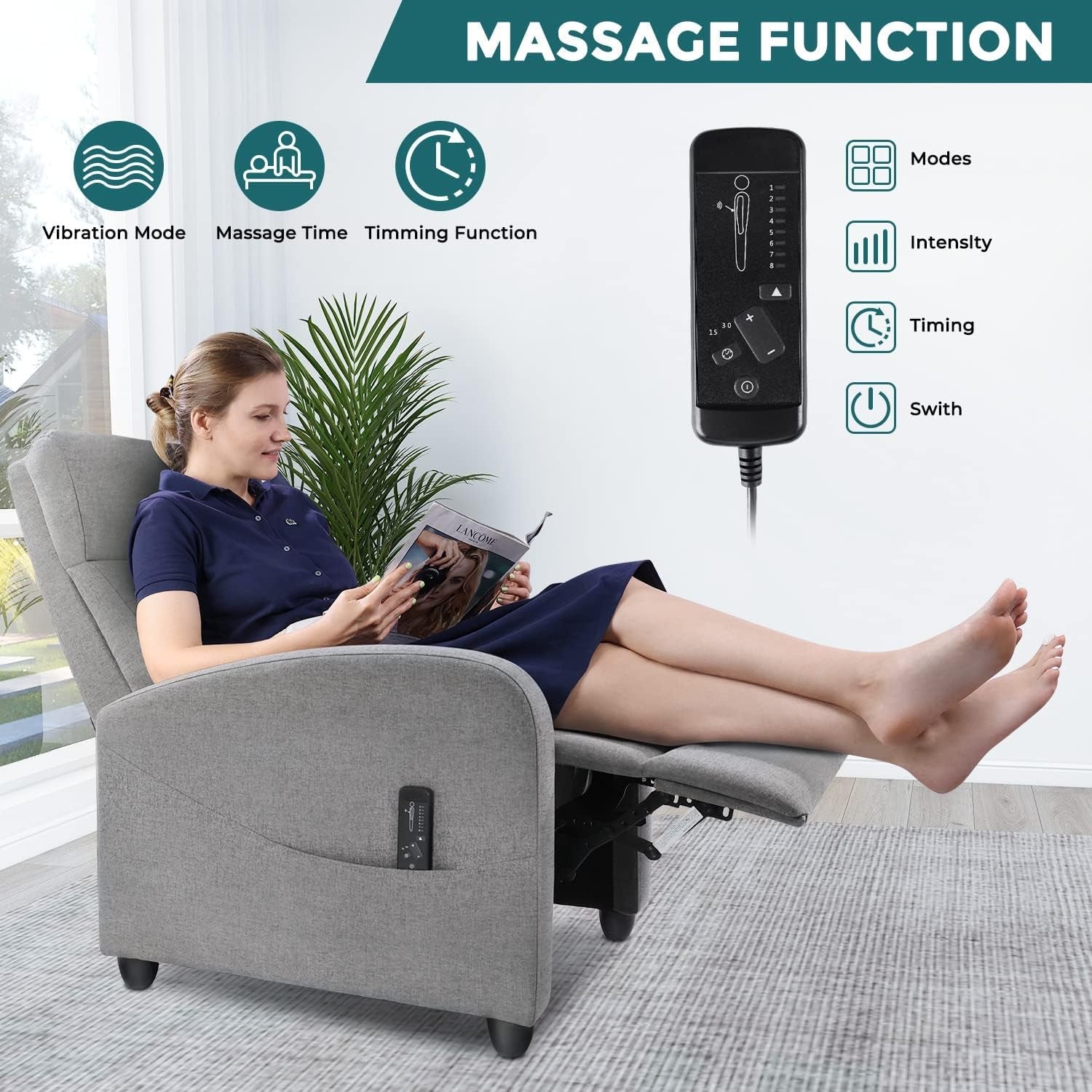 Grey Fabric Recliner Massage Chair With Adjustable Backrest