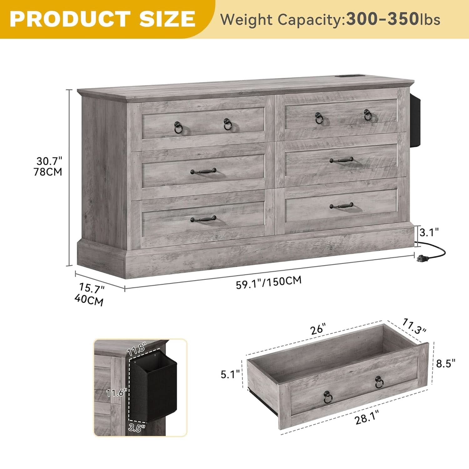 Grey Farmhouse 6 Drawer Dresser 59 Inch Wide With Air Purifier
