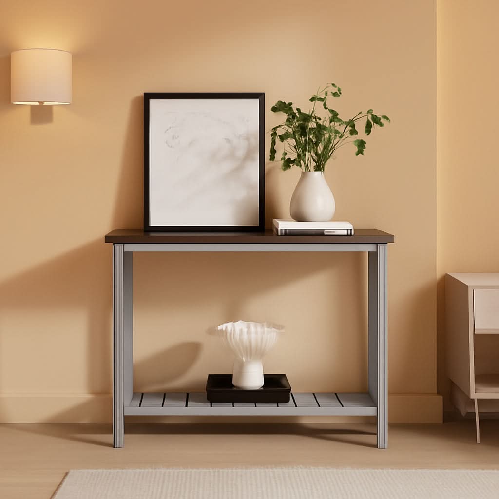 Grey Farmhouse Console Table With Shelf For Entryway