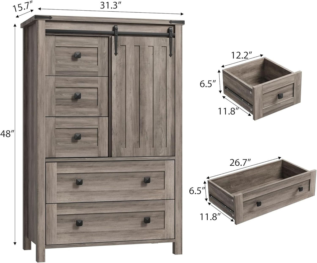 Grey Farmhouse Dresser 48 Inch Five Drawer Organizer With Barn Door