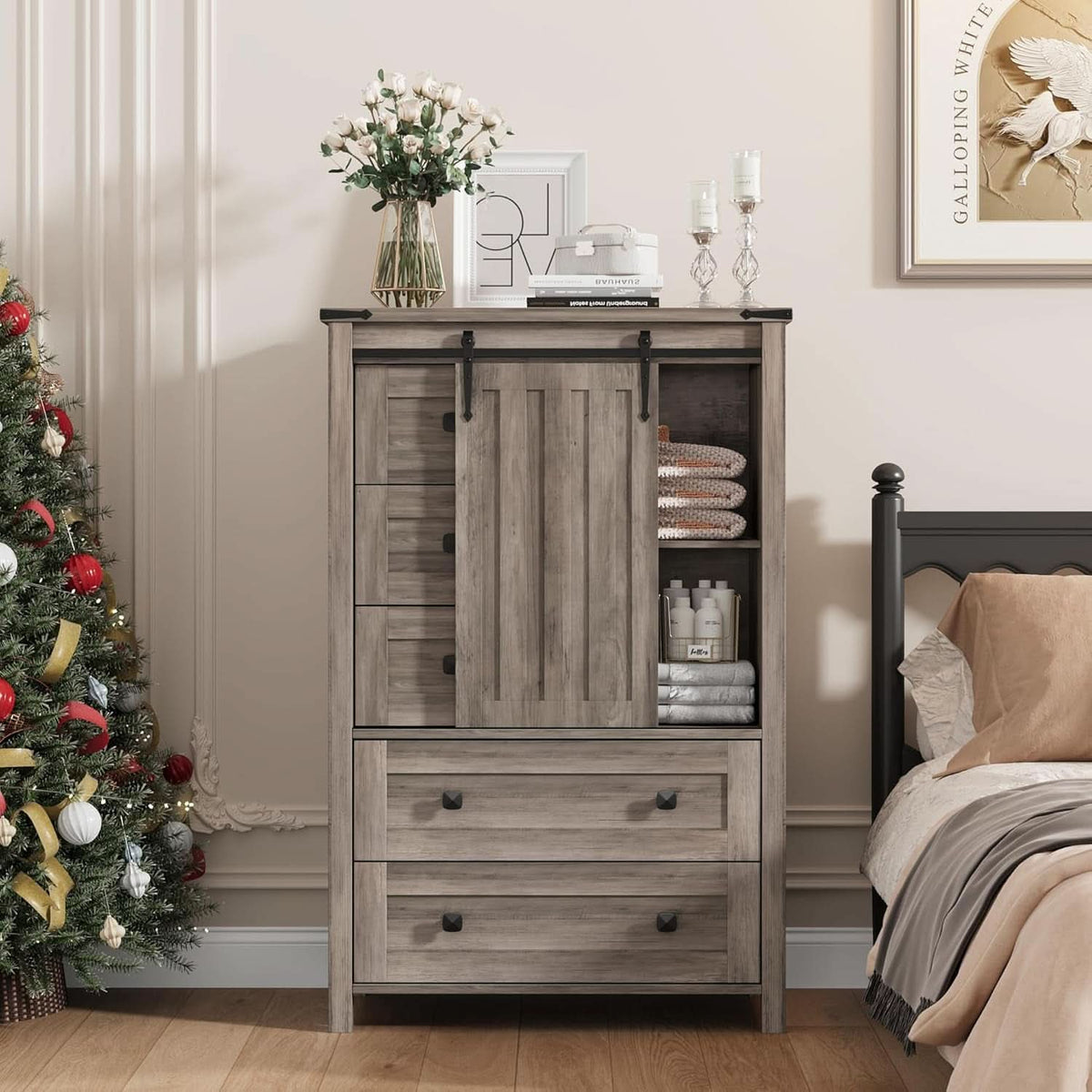 Grey Farmhouse Dresser 48 Inch Five Drawer Organizer With Barn Door