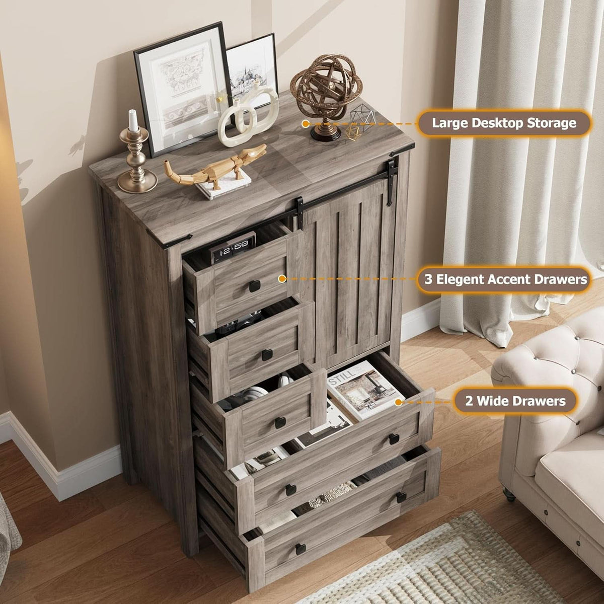 Grey Farmhouse Dresser 48 Inch Five Drawer Organizer With Barn Door