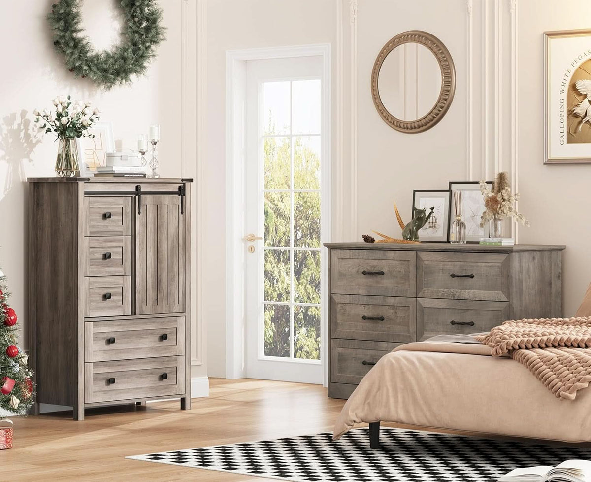 Grey Farmhouse Dresser 48 Inch Five Drawer Organizer With Barn Door