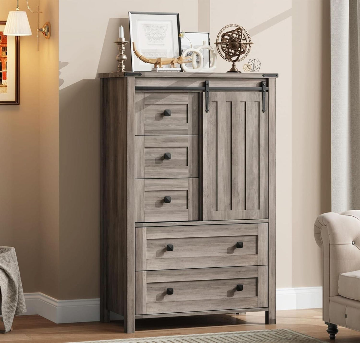 Grey Farmhouse Dresser 48 Inch Five Drawer Organizer With Barn Door