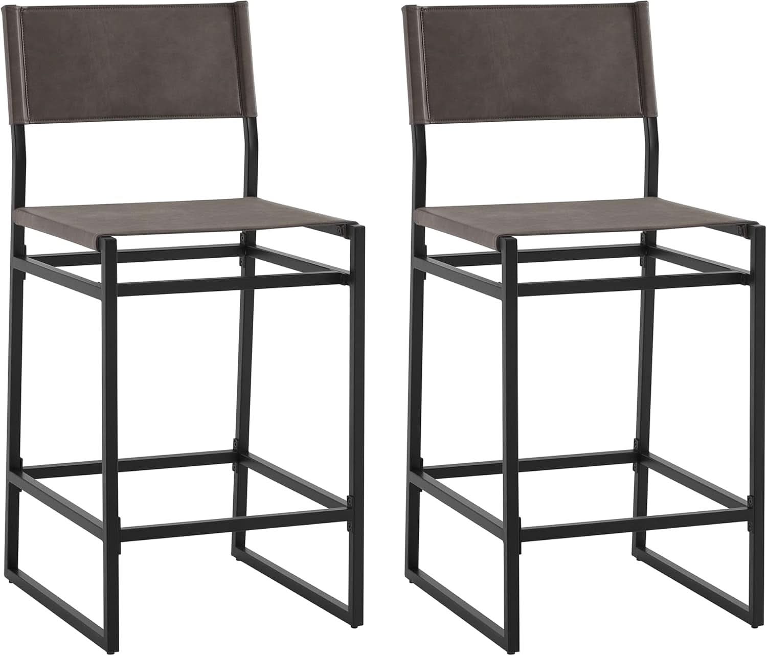 Grey Faux Leather Counter Height Bar Stools 24 Inch Seat Height Set Of 2 Back
