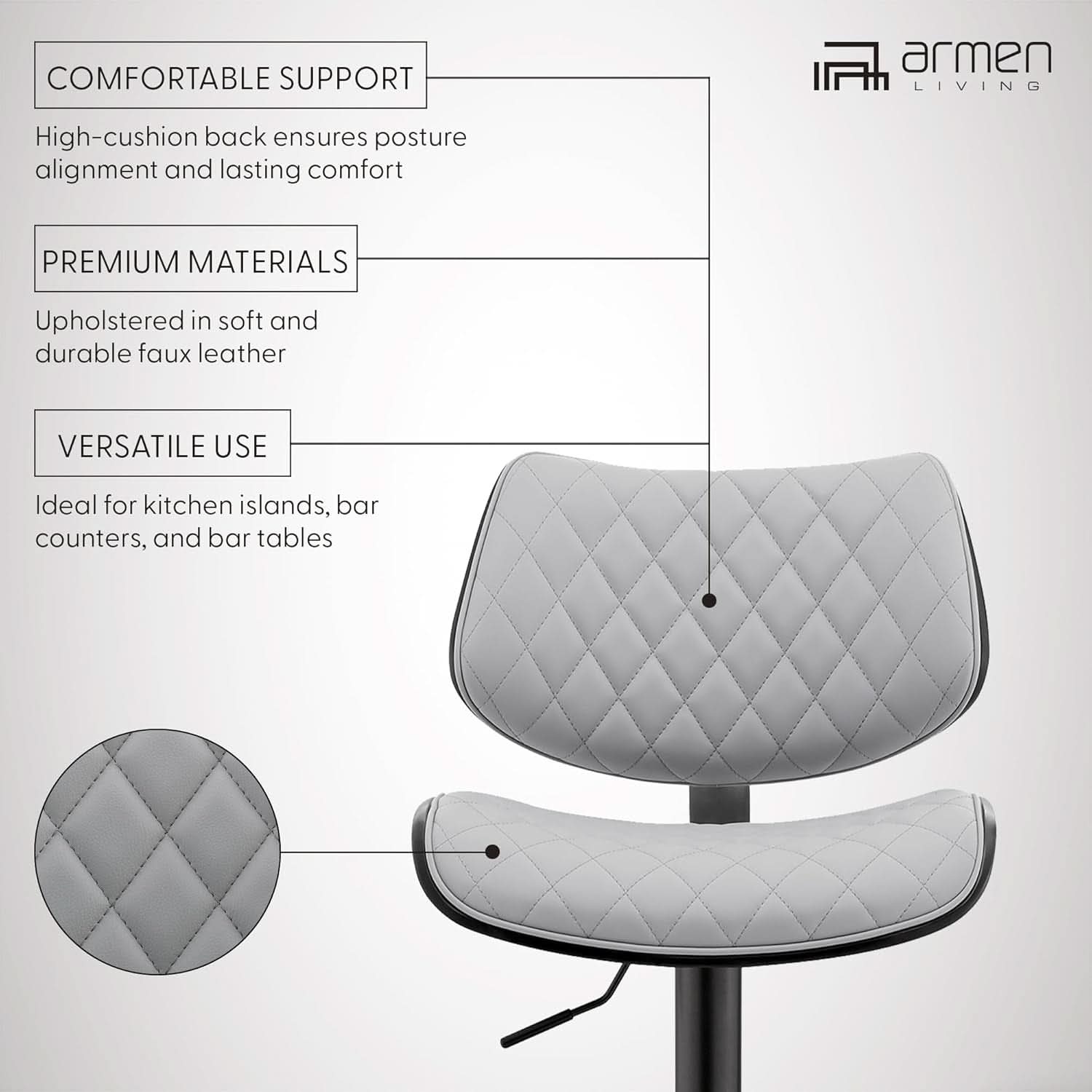 Grey Faux Leather Swivel Bar Stool With Adjustable Height