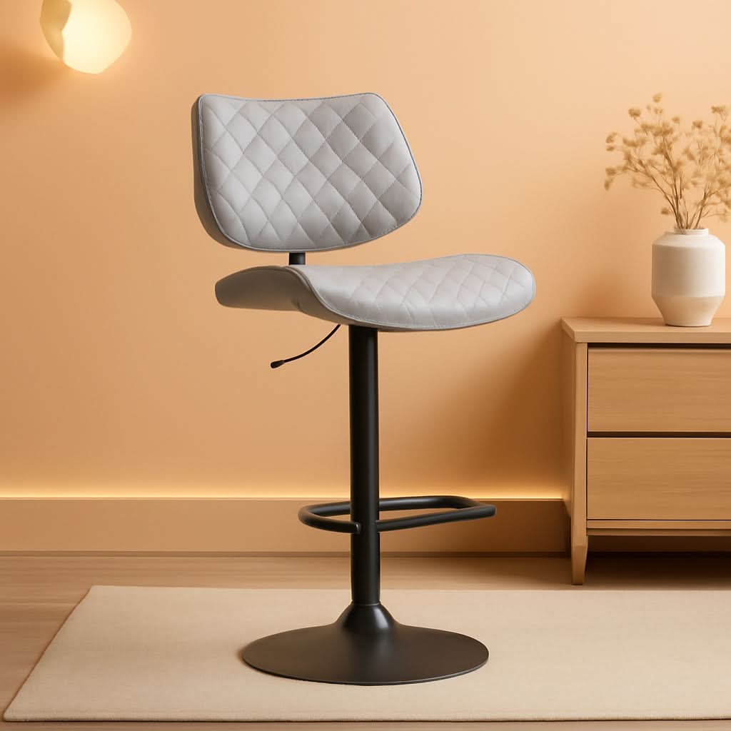 Grey Faux Leather Swivel Bar Stool With Adjustable Height