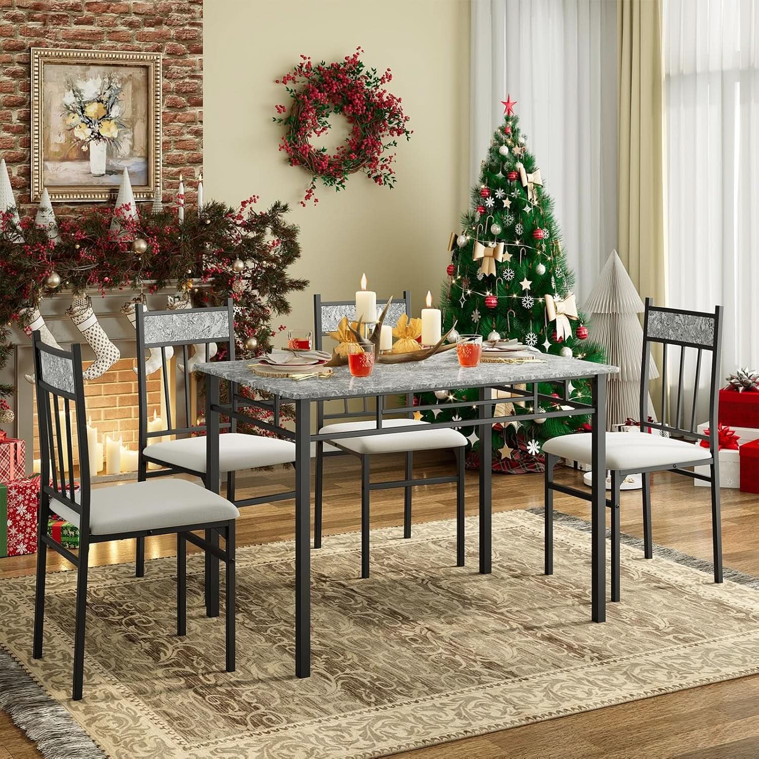 Grey Faux Marble Dining Table Set For 4 With Padded Chairs
