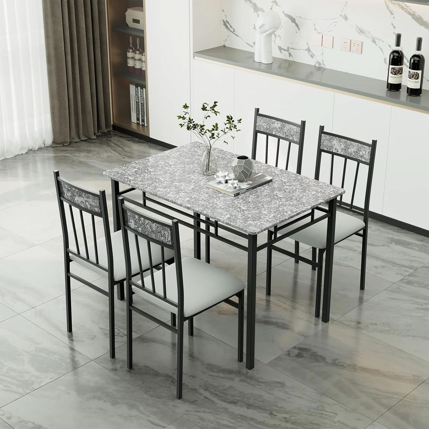 Grey Faux Marble Dining Table Set For 4 With Padded Chairs