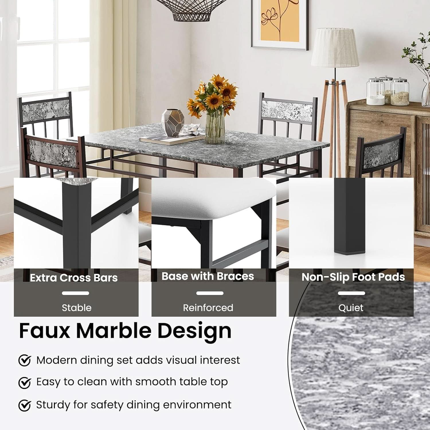 Grey Faux Marble Dining Table Set For 4 With Padded Chairs