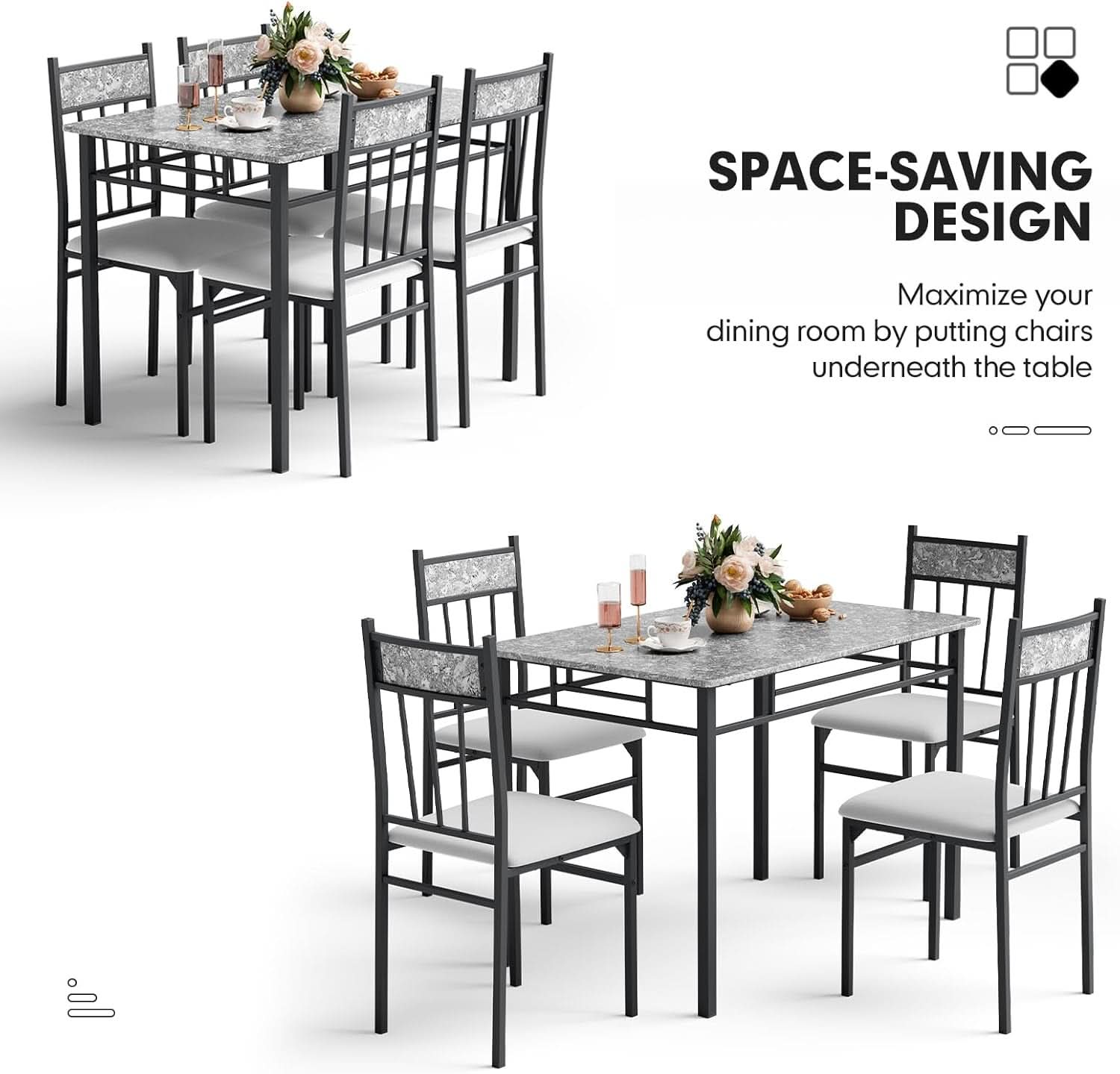 Grey Faux Marble Dining Table Set For 4 With Padded Chairs