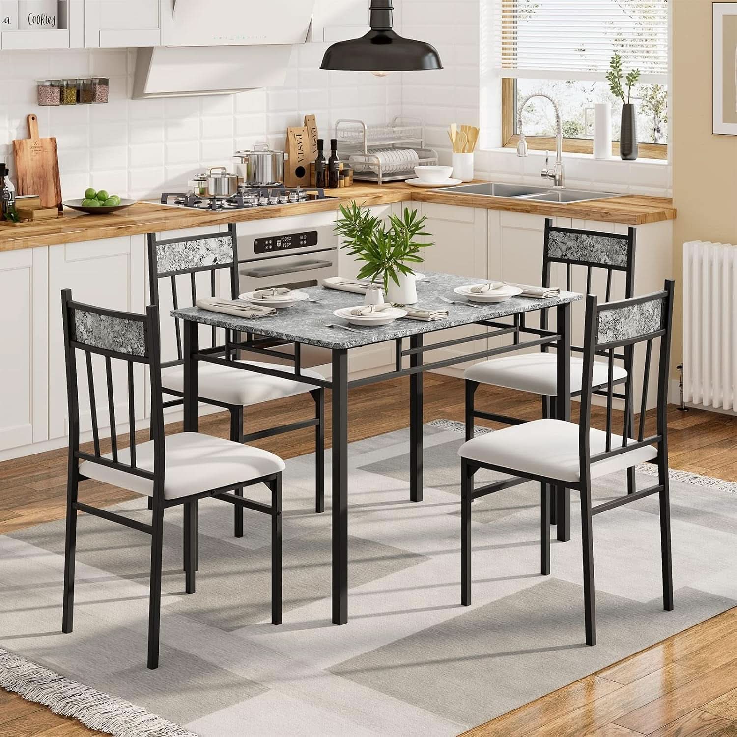 Grey Faux Marble Dining Table Set For 4 With Padded Chairs