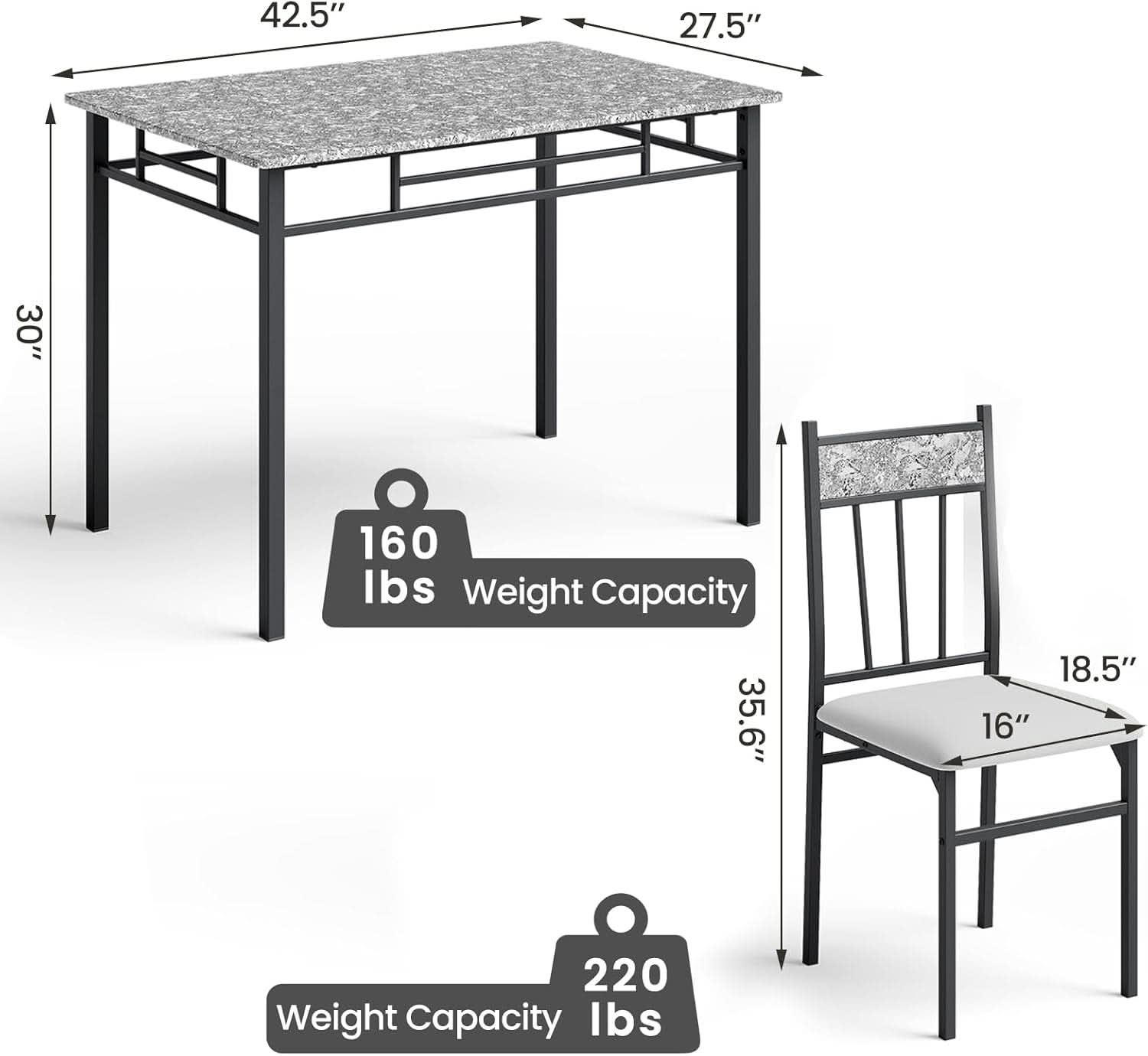 Grey Faux Marble Dining Table Set For 4 With Padded Chairs