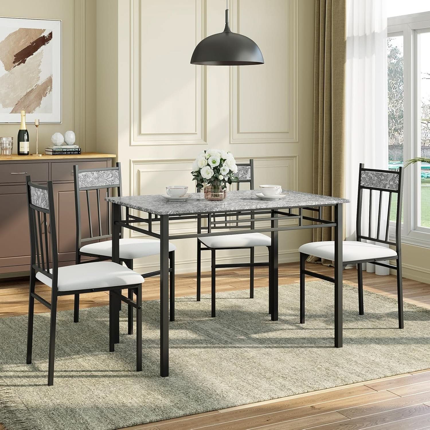 Grey Faux Marble Dining Table Set For 4 With Padded Chairs