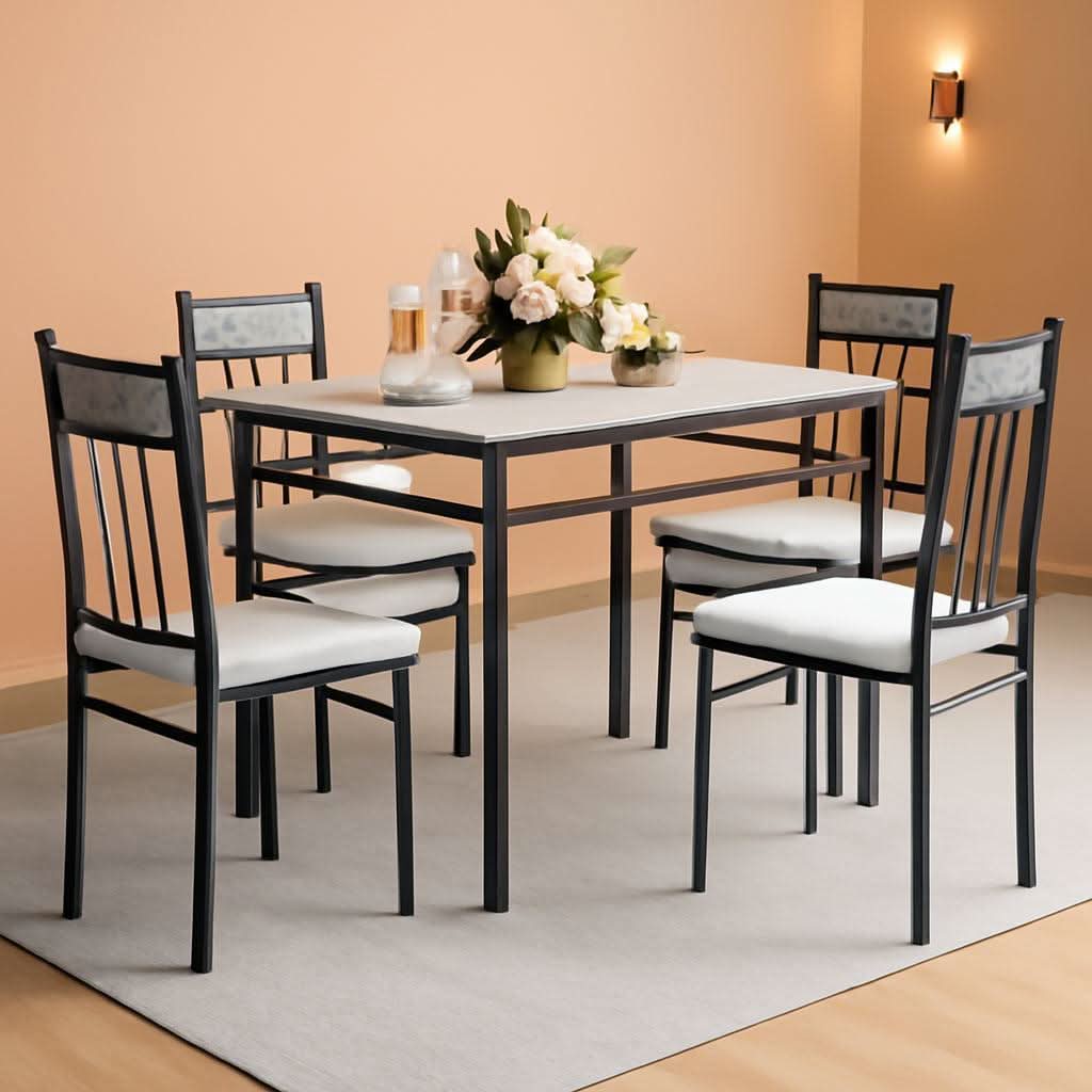 Grey Faux Marble Dining Table Set For 4 With Padded Chairs