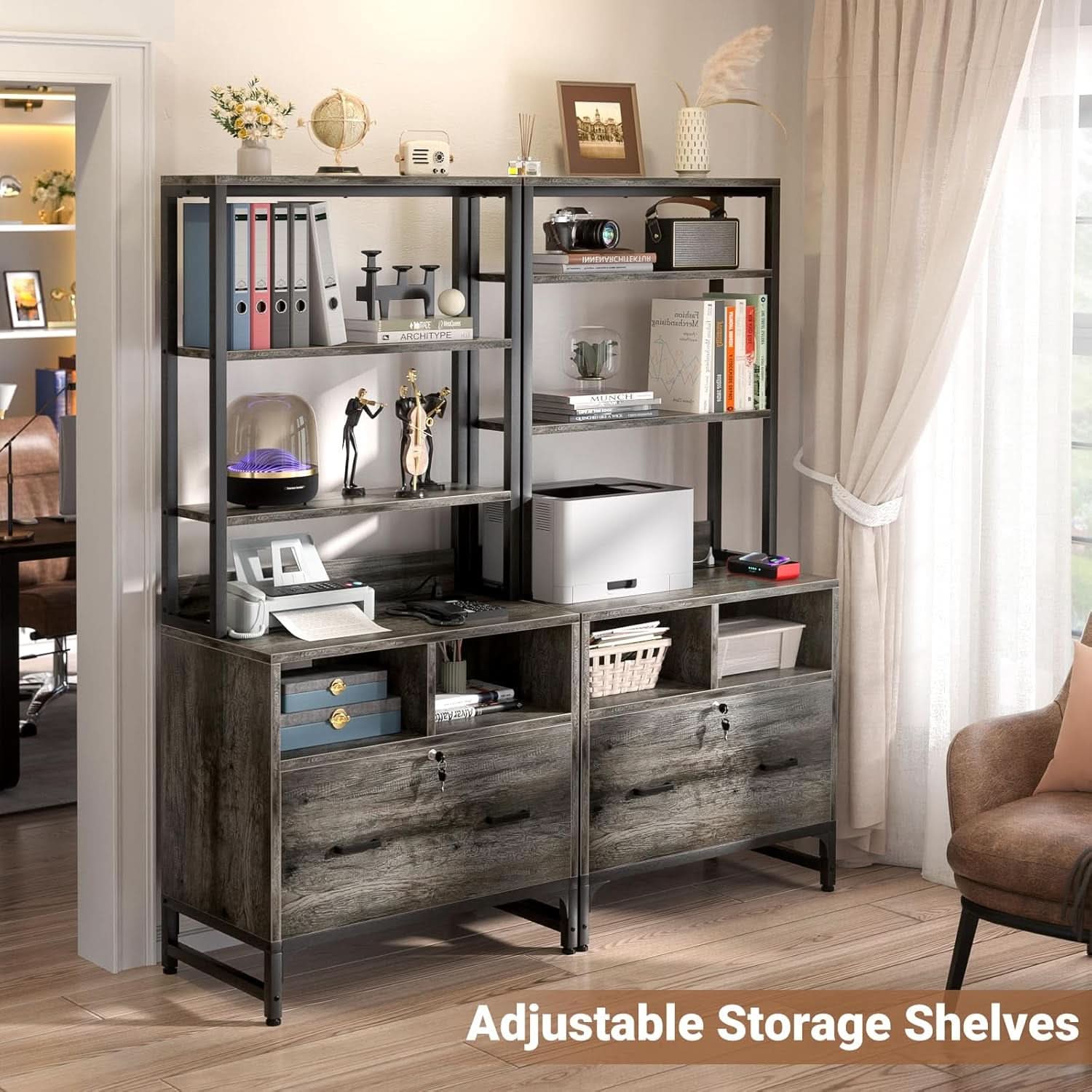 Grey File Cabinet With Charging Station And Locking Drawer
