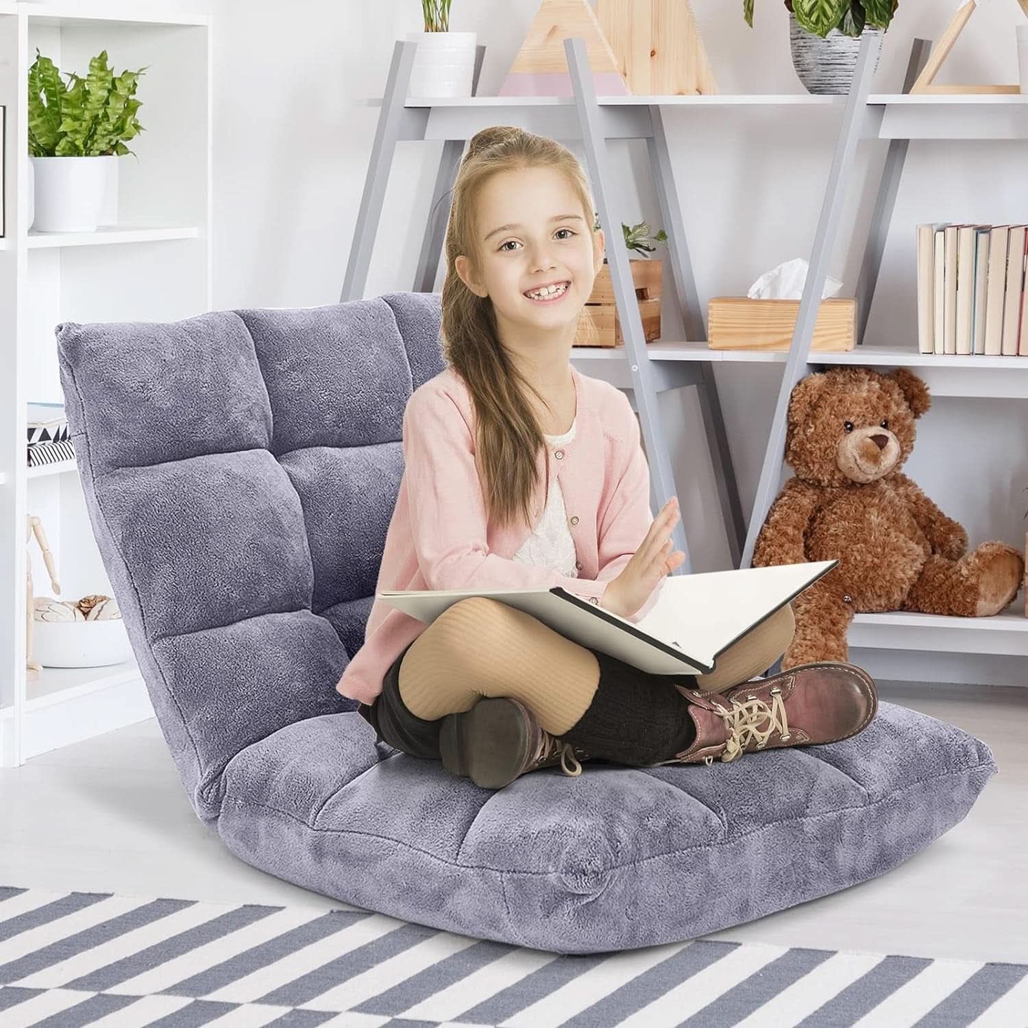Grey Floor Chair With Back Support 14 Position Adjustable