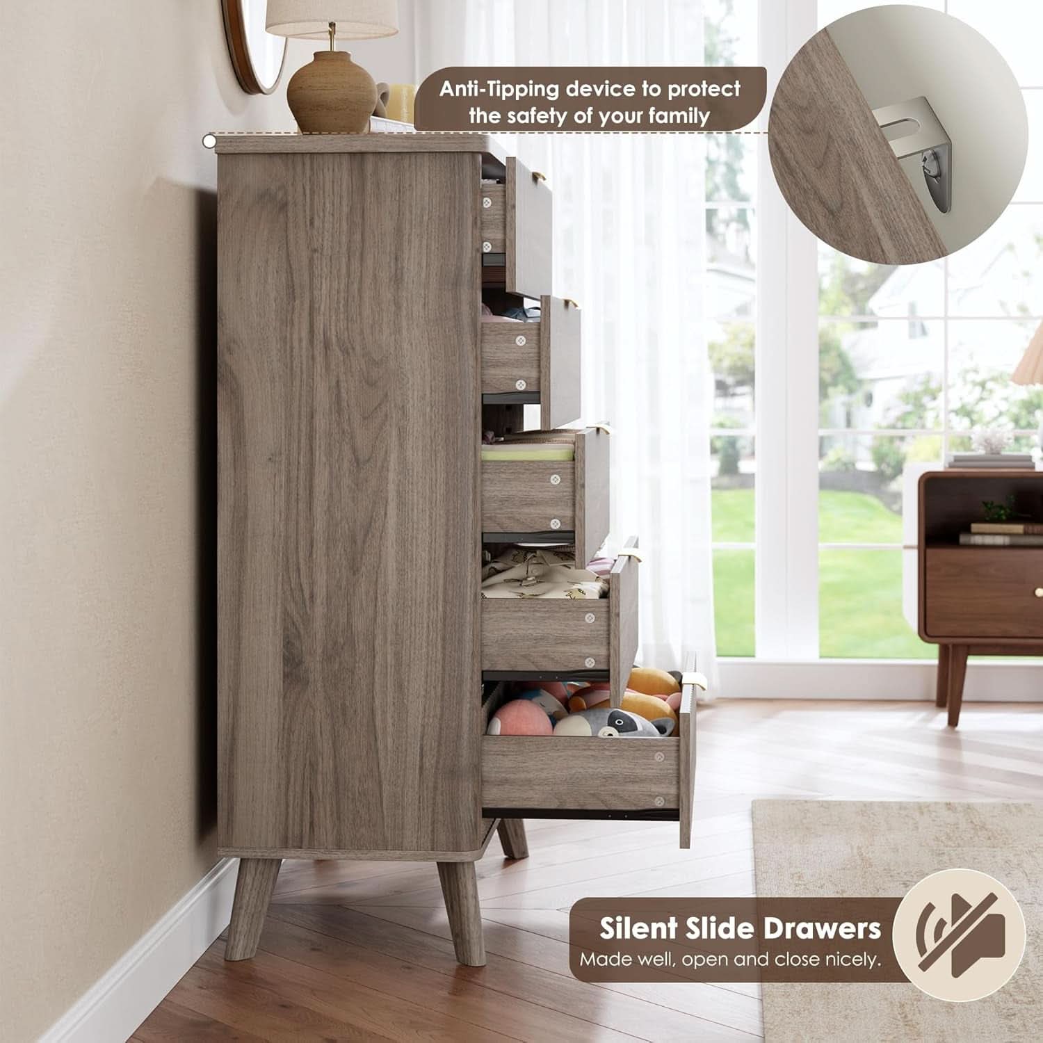 Grey Fluted Contemporary Five Drawer Bedroom Dresser