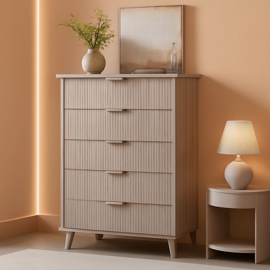 Grey Fluted Contemporary Five Drawer Bedroom Dresser