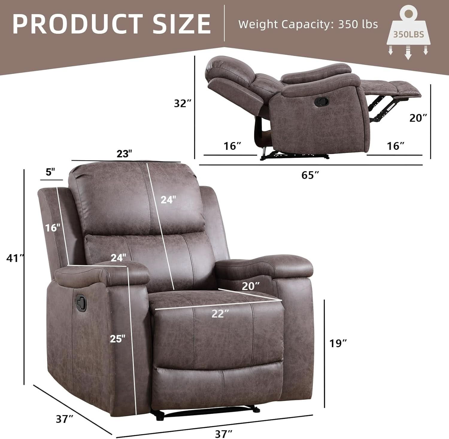 Grey Full Grain Leather Manual Recliner With Cup Holders