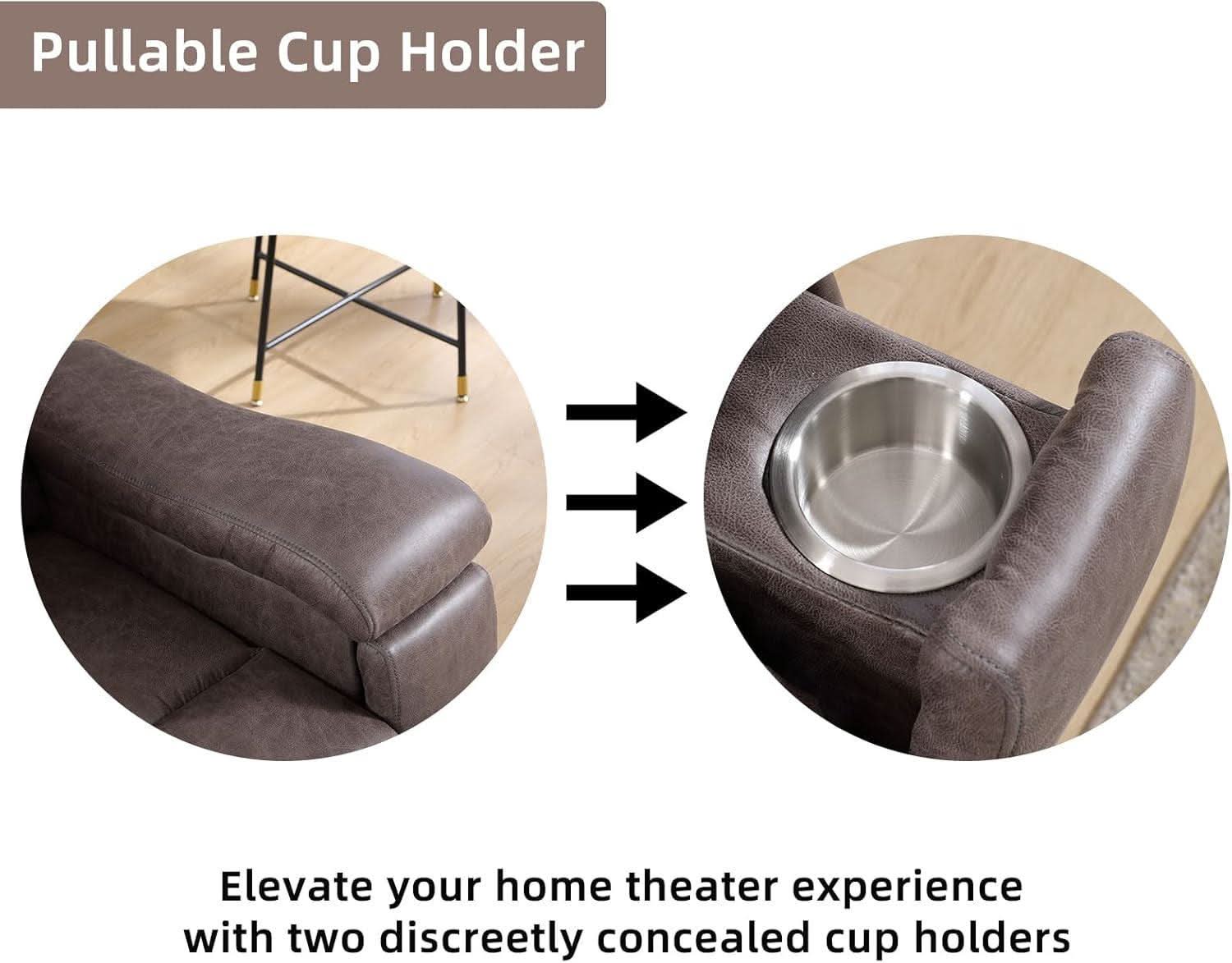 Grey Full Grain Leather Manual Recliner With Cup Holders