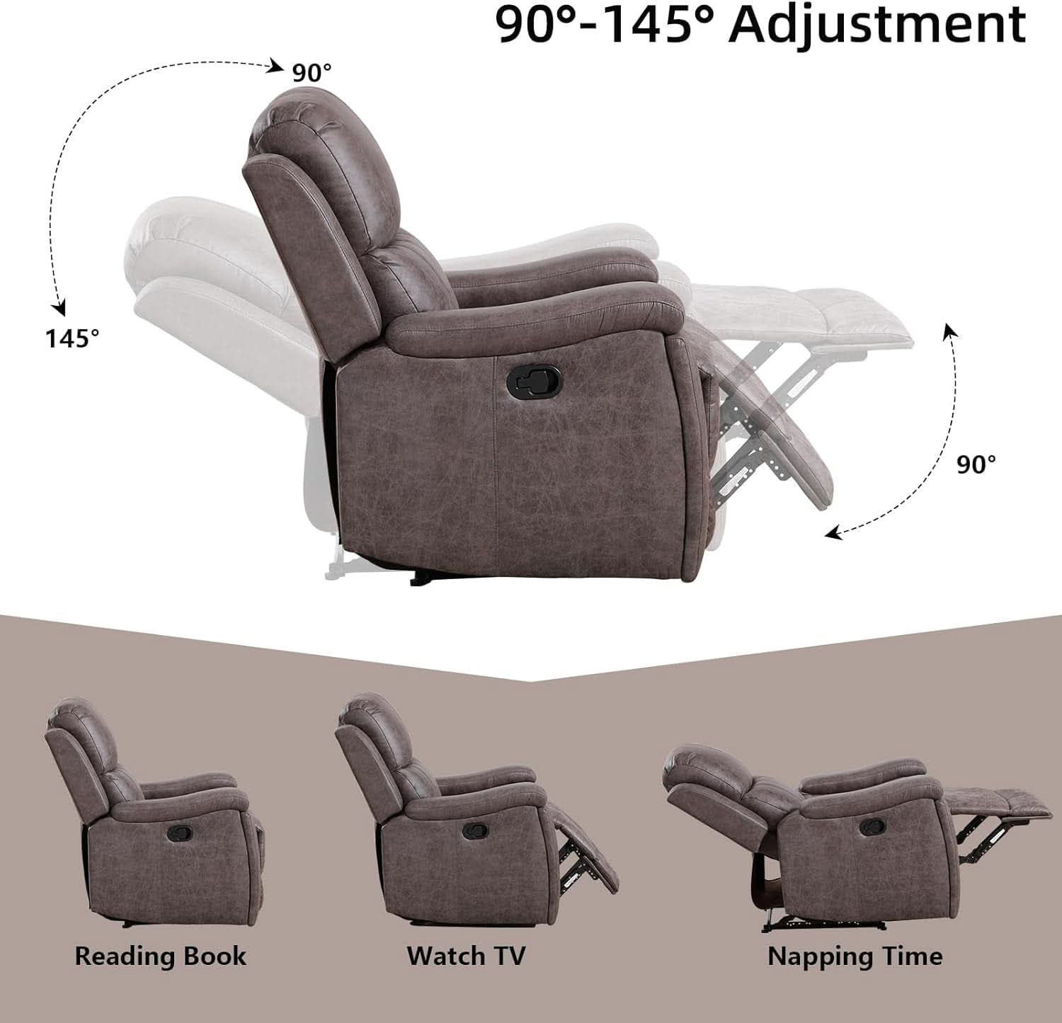 Grey Full Grain Leather Manual Recliner With Cup Holders