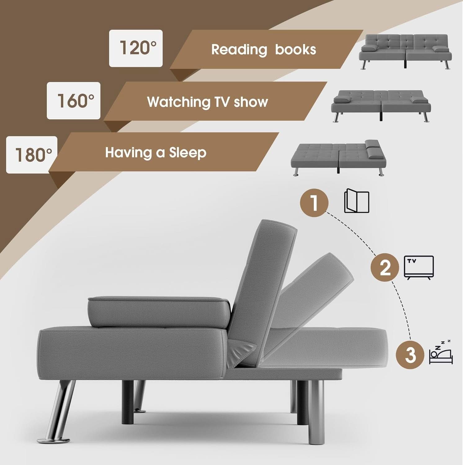 Grey Futon Sofa Bed With Adjustable Back And Cup Holders