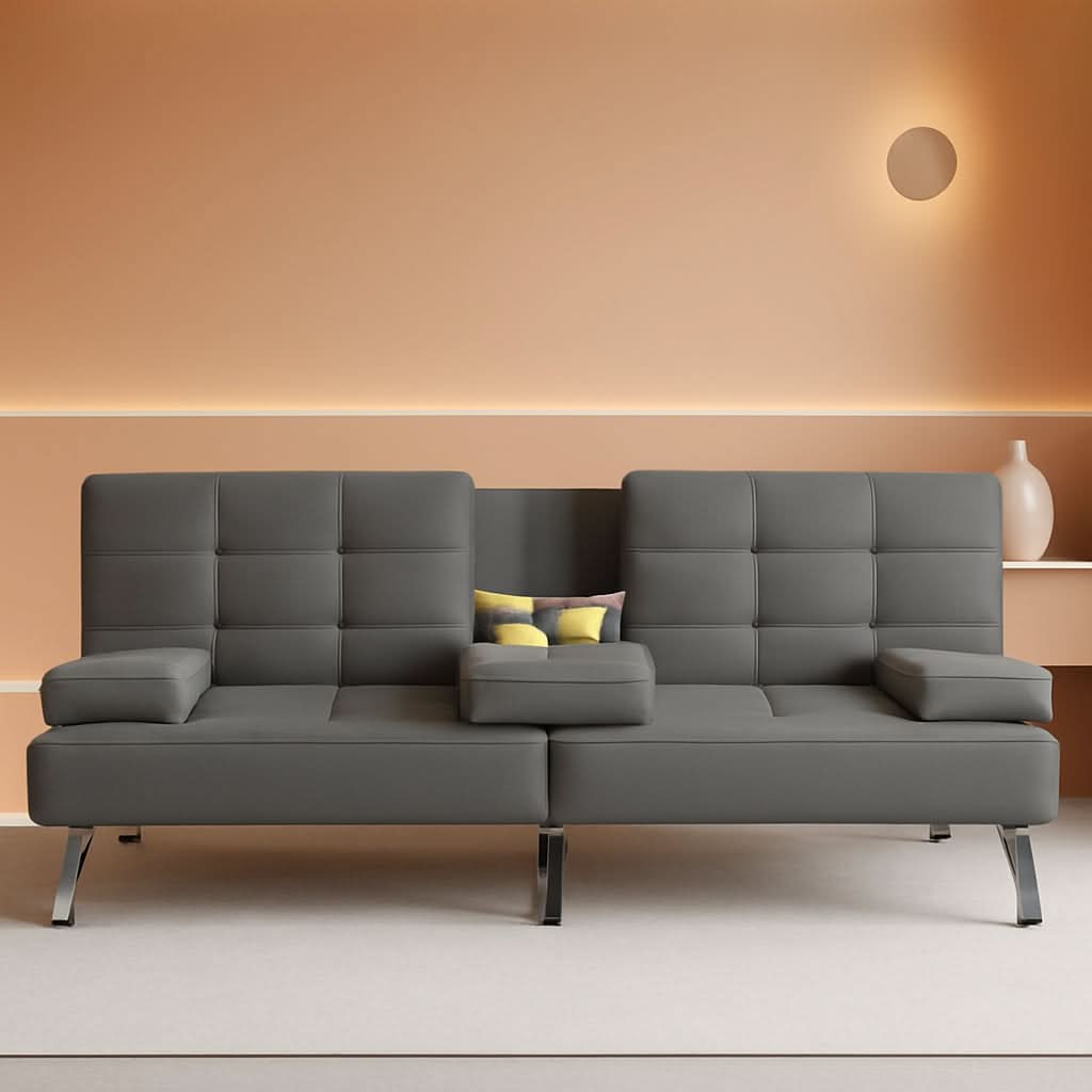 Grey Futon Sofa Bed With Adjustable Back And Cup Holders