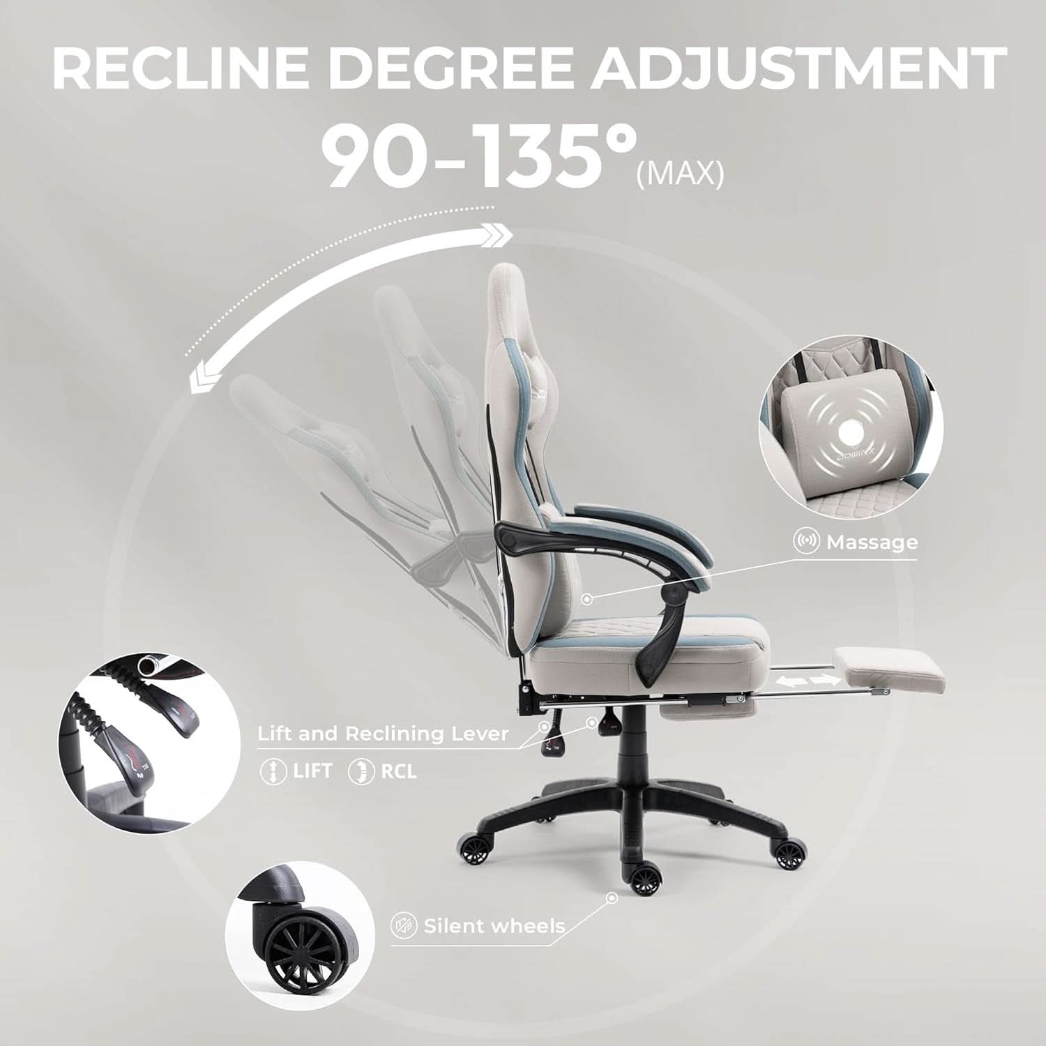 Grey Gaming Chair With Pocket Spring Cushion And Gel Pad