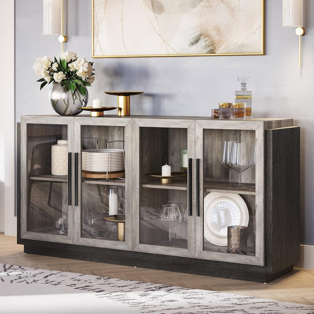 Grey Glass Doors Buffet Cabinet For Dining Room And Living Room