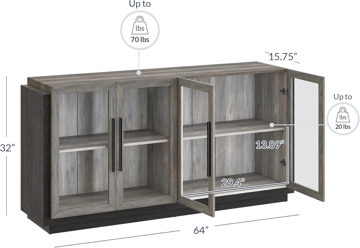 Grey Glass Doors Buffet Cabinet For Dining Room And Living Room