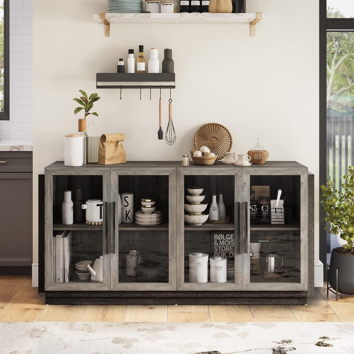Grey Glass Doors Buffet Cabinet For Dining Room And Living Room