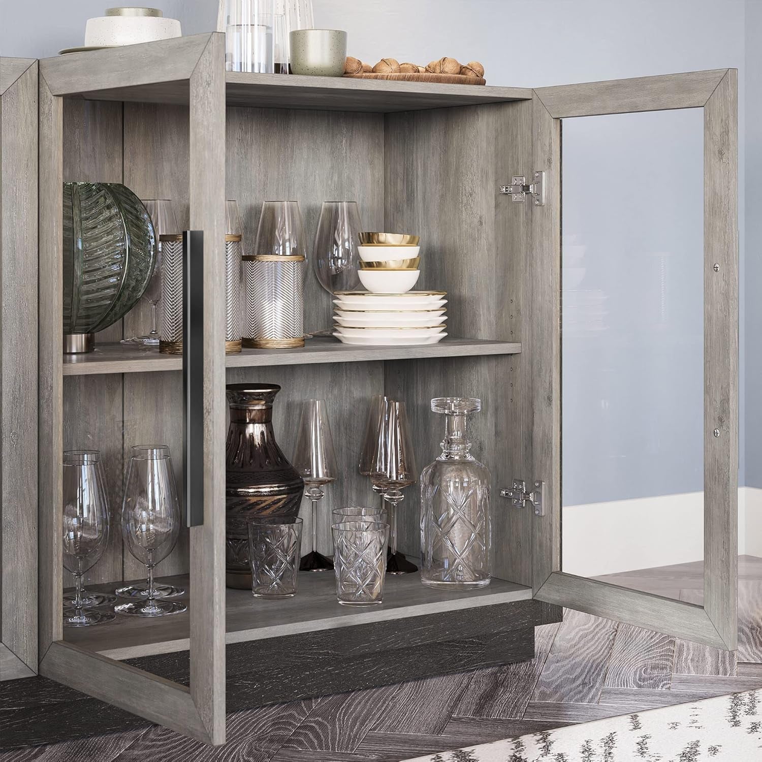 Grey Glass Doors Buffet Cabinet For Dining Room And Living Room