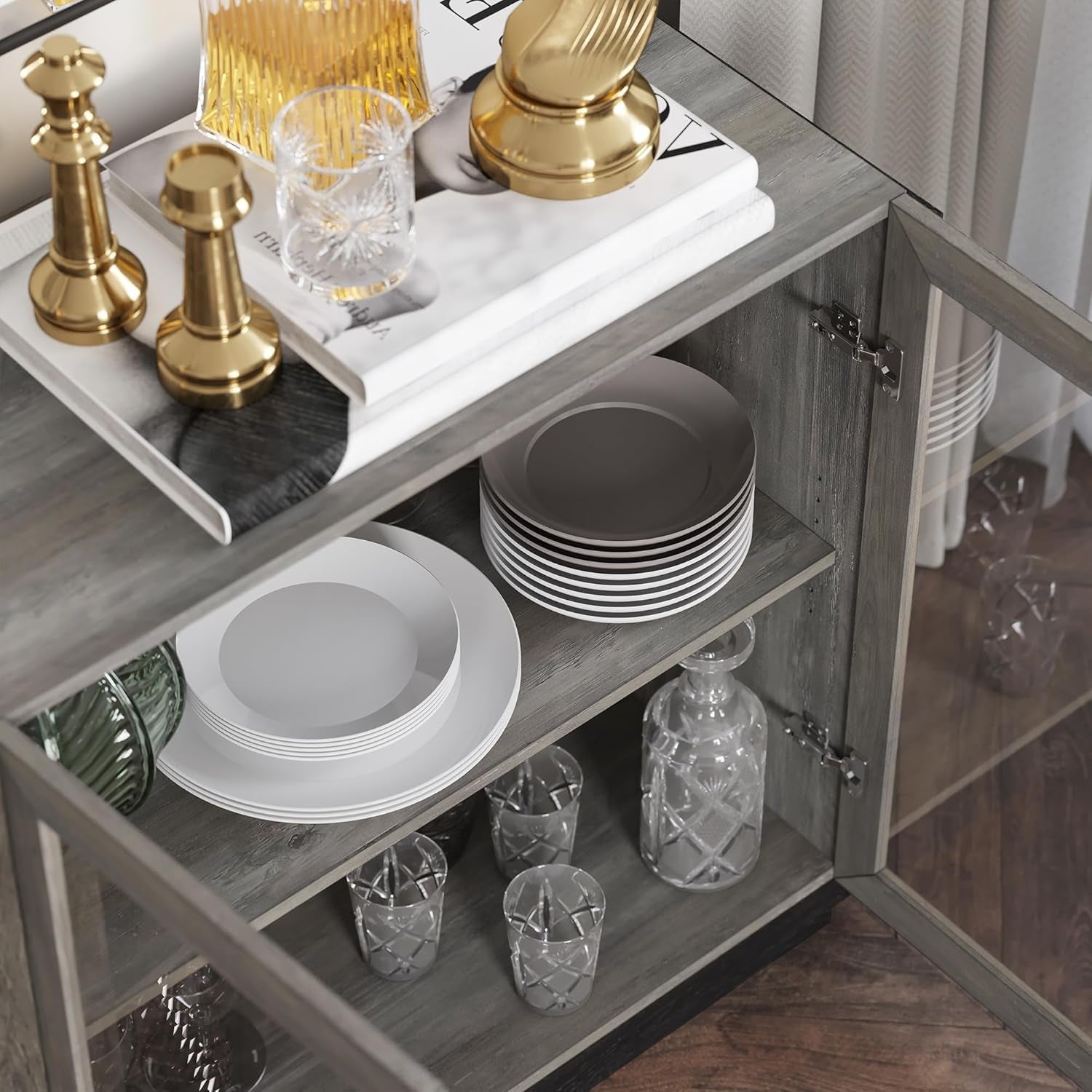 Grey Glass Doors Buffet Cabinet For Dining Room And Living Room