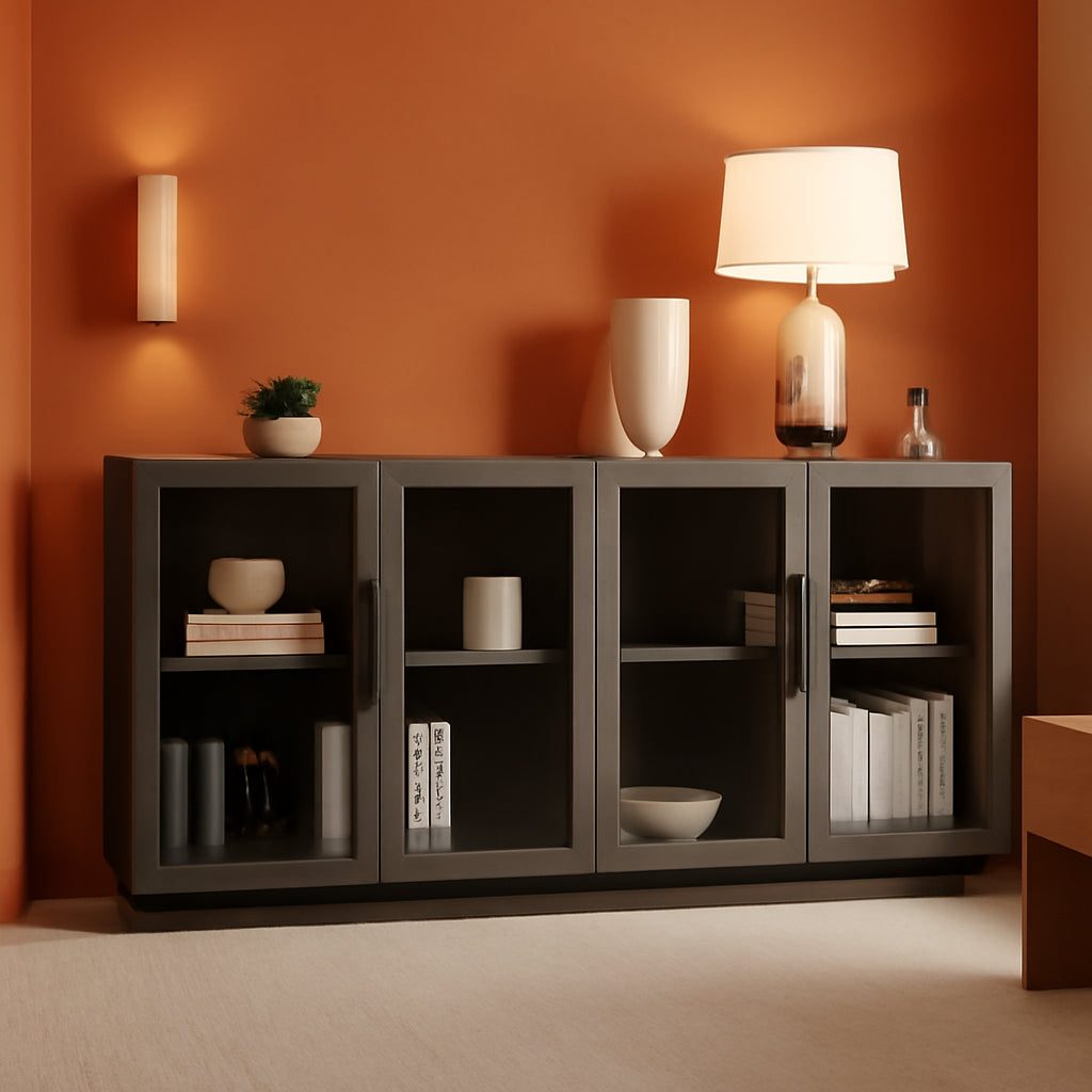 Grey Glass Doors Buffet Cabinet For Dining Room And Living Room