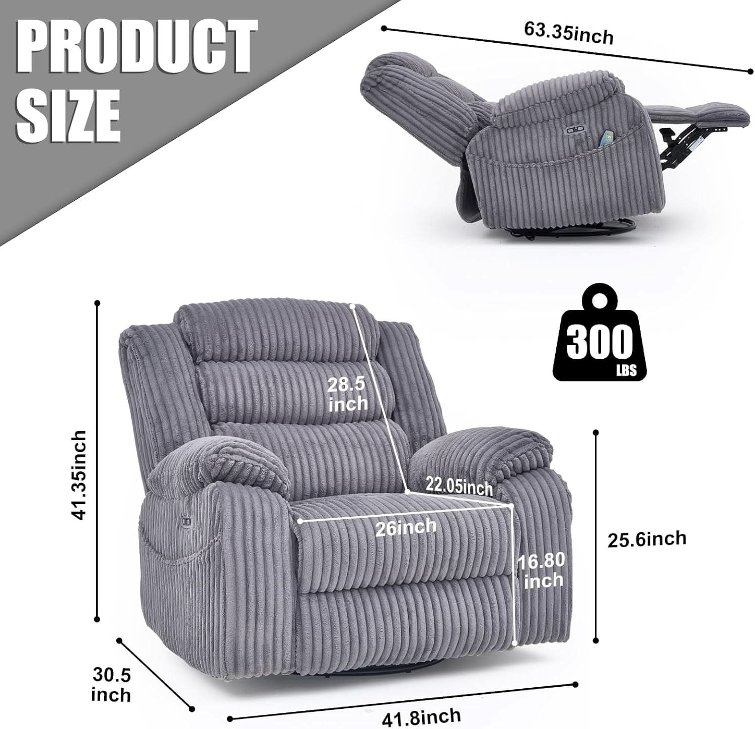 Grey Heated Massage Power Recliner With USB Port Charging