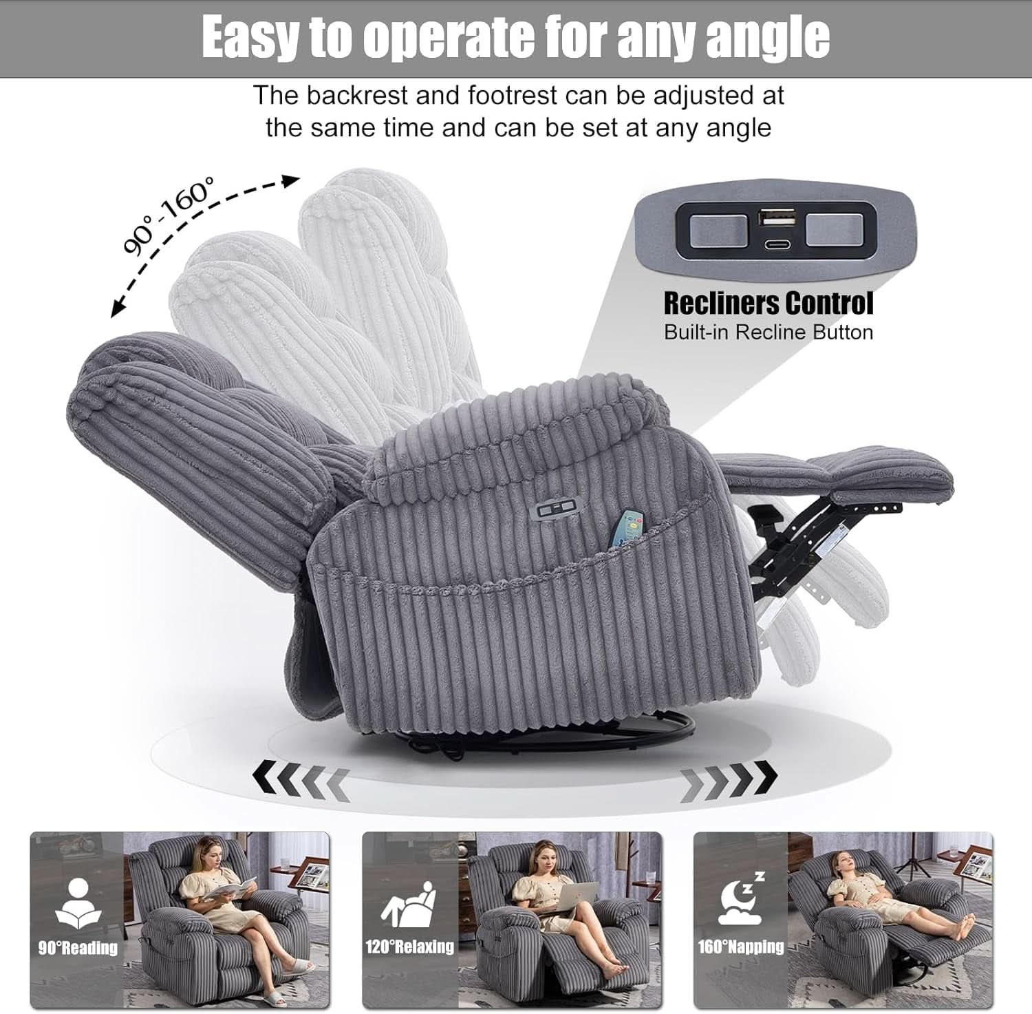 Grey Heated Massage Power Recliner With USB Port Charging