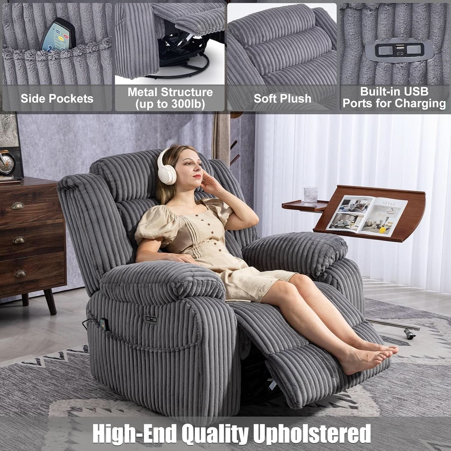 Grey Heated Massage Power Recliner With USB Port Charging