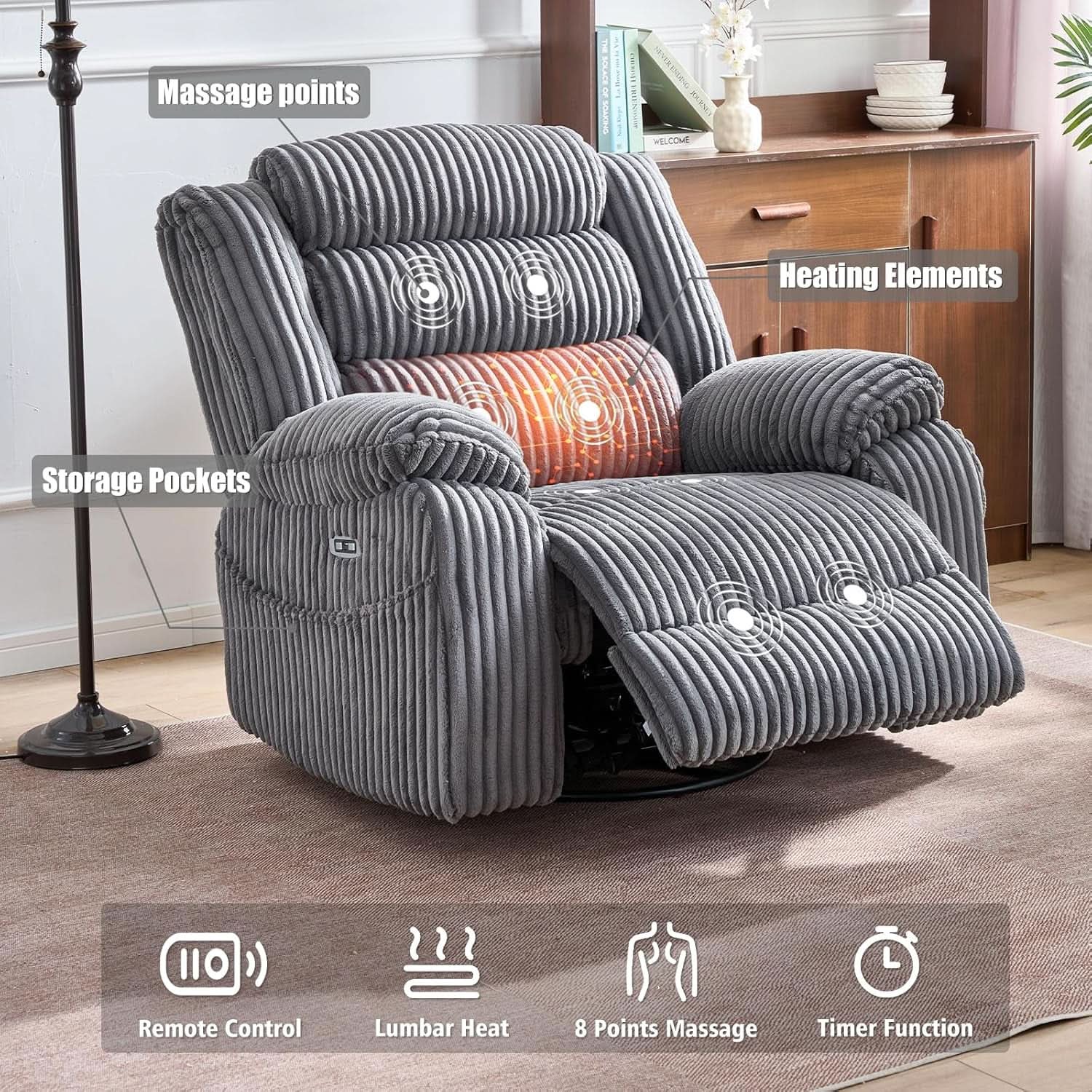 Grey Heated Massage Power Recliner With USB Port Charging