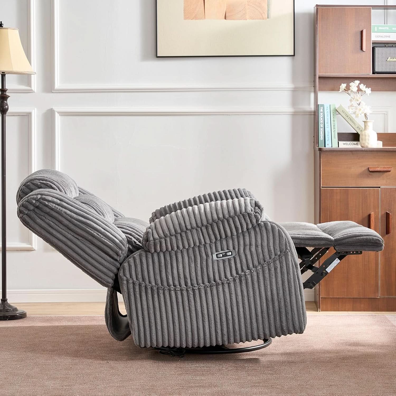 Grey Heated Massage Power Recliner With USB Port Charging