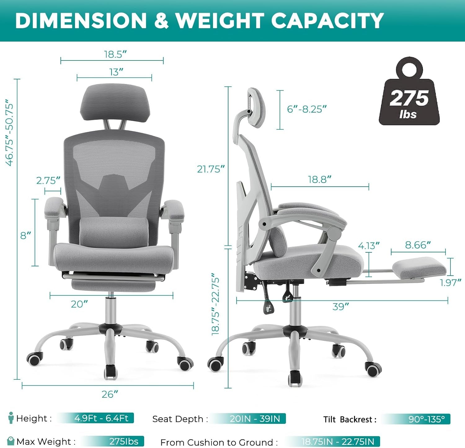 Grey High Back Ergonomic Mesh Desk Chair With Footrest