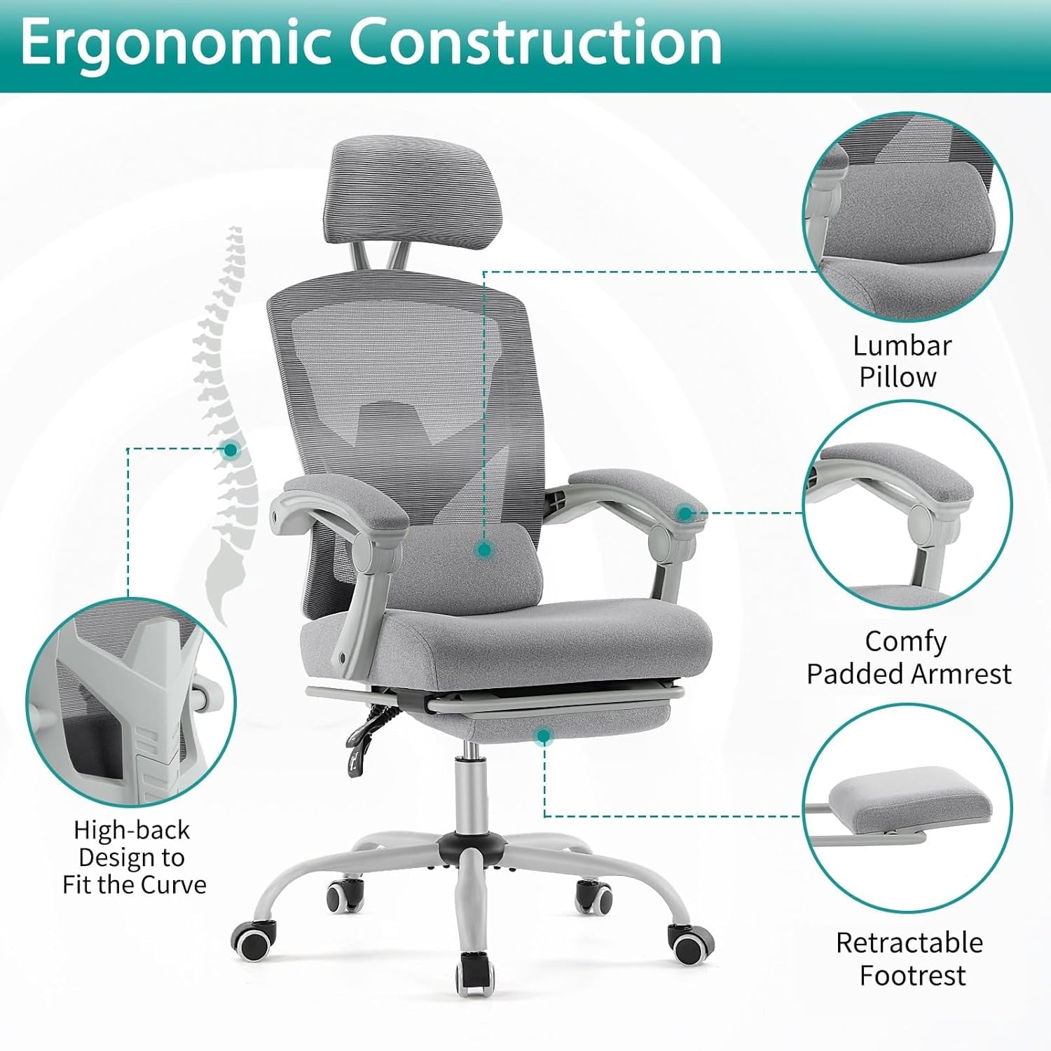 Grey High Back Ergonomic Mesh Desk Chair With Footrest