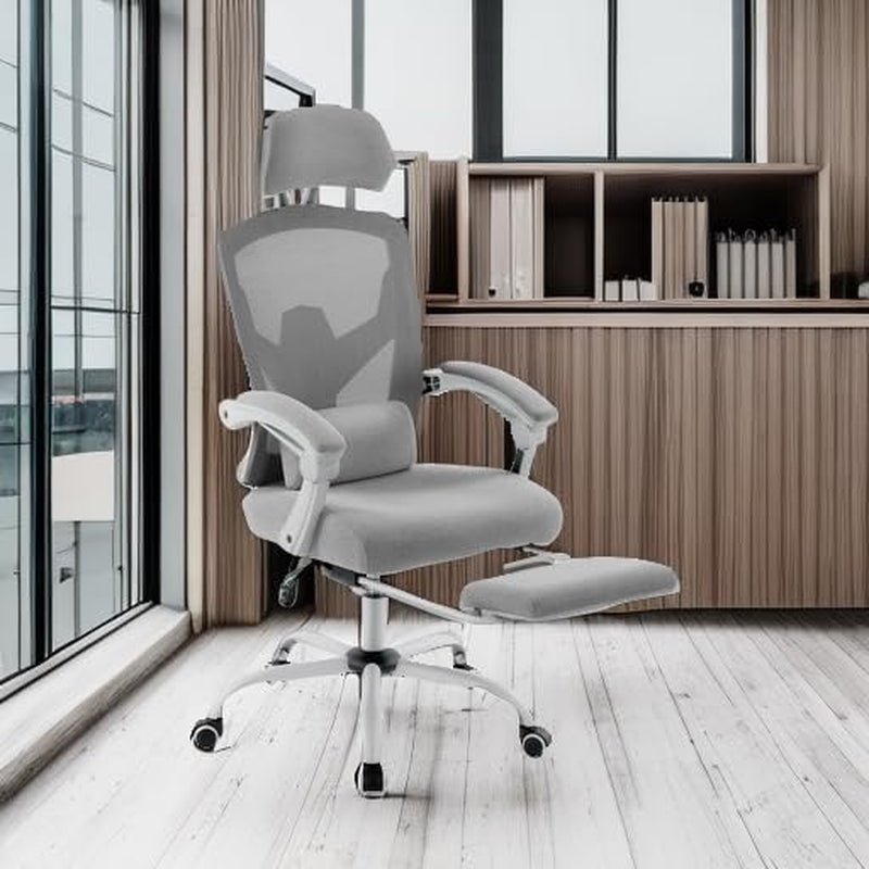Grey High Back Ergonomic Mesh Desk Chair With Footrest